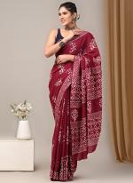 Cotton Maroon Casual Wear Printed Saree